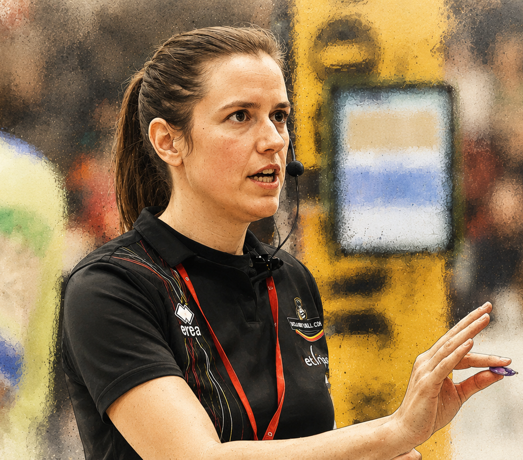 Volleybalscheidsrechter in actie tijdens wedstrijd